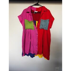 Queen of Sparkles Colorblock Gauze Patchwork Beaded Button Down Shirt Womens L